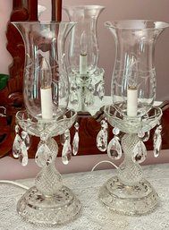 Pair Of Vintage Crystal Cut Glass Electric Hurricane Lamps With Hanging Prisms