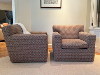 Pair Custom R. Jones Club Chairs & Ottoman On Casters