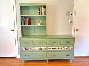 Mid Century Hand Painted Eight Drawer Dresser With Book Case