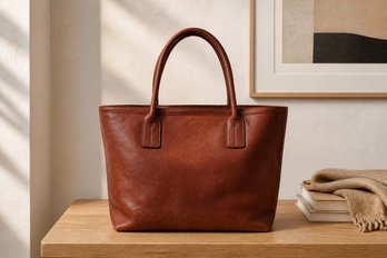 Timothy Oulton Cognac Brown Leather Tote Bag With Double Handles & Aged Patina