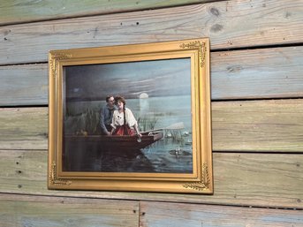 Vintage Romantic Boating Scene Print In Ornate Gilt Frame