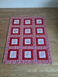 Vintage Style Red Work Floral Quilt