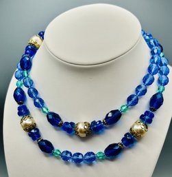 Vintage Blue Beaded Necklace - Czech