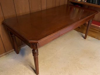 Attractive Low Level Inlaid Wood Table With Pull Out Leaves And Drawer