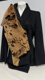 KRIZIA Couture Long Black Blazer With Faux Fur Shawl Size 46, Made In Italy