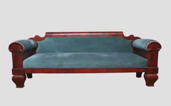 Antique American Classical Empire Mahogany  Scroll-Arm  And Turquoise Upholstery Recaimer