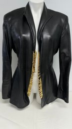 Gorgeous GIANFARANCO FERRE Jacket In Luscious Leather With Gold Accent Rings Size 46 - Made In Italy