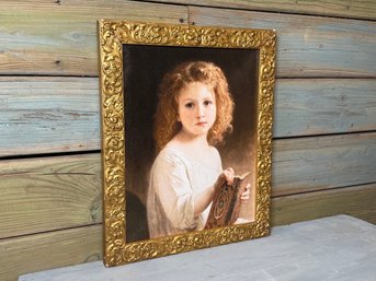 Vintage Victorian-Style Portrait Print Of Young Girl In Ornate Gold Frame