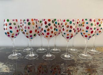 Colorful Polka Dot Frosted Wine Glasses, Set Of Ten