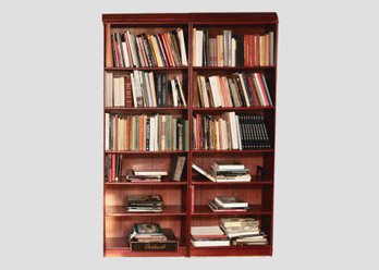 Set Of 2 Modular Mahogany Tone Library Wall Multi-Section Open Shelving Unit 83'H