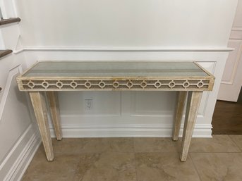 White Washed Neoclassical Style Console Table With Glass Insert Top