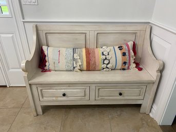 White Washed Bench With Colorful Lumbar Pillow