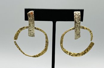 Brass Filigree Textured Gold Hoop Earrings - Italy