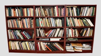 Set Of 3 Modular Mahogany Tone Library Wall Multi-Section Open Shelving Unit 61'H