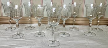 Set Of Ten Vintage Etched Wine Glasses