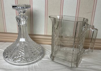 Crystal Decanter Etched LF And Vintage Pressed Glass Pitcher