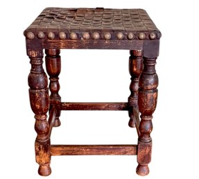 Vintage Woven Leather Footstool
