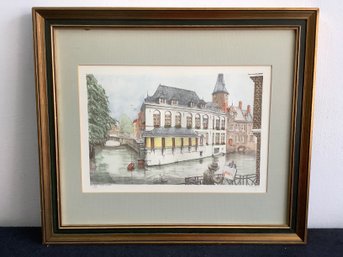 Framed Signed Brugge Landscape Colored Etching 64/300