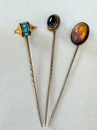 Lot Of Three Vintage Stick Pins With Turquoise, Moonstone And Onyx