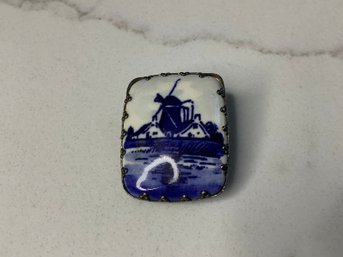 Vintage Delft Blue Porcelain Windmill Brooch #27