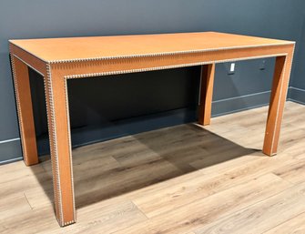 Lacquered Grasscloth Clad Table With Nailhead Trim In Terracotta Color -Purchase Price $2950