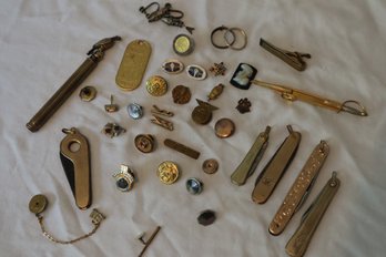 Pocket Knife, Pins And Buttons Mystery Lot Unknown Metals Untested