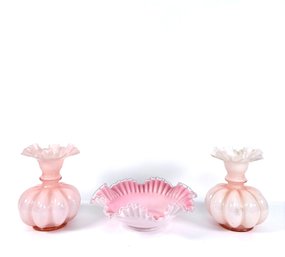 Fenton Pink Crest & Cased Art Glass Console Set, 3 Pieces