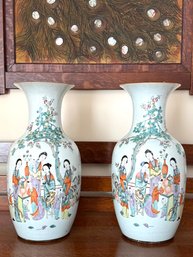 Pair Antique Chinese Famille Rose Tall Porcelain Vases