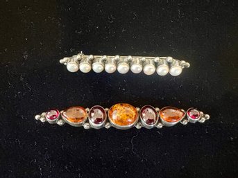 Two Beautiful Gemstone & Sterling Bar Pins By Janice Girardi Designs