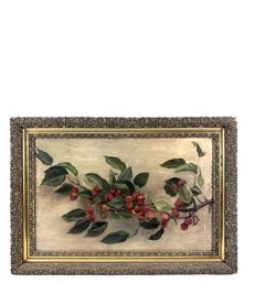 19th C. Botanical Still Life Oil Painting Of Crabapple Branch