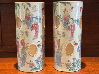 Pair Antique Chinese Porcelain Famille Rose Hat Stands