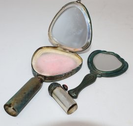 Novelty Italian Silver Hand Mirror Compact & Lipstick Holder