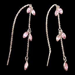 (B152) Sterling Silver Pink Stone Threaded Dangle Earrings