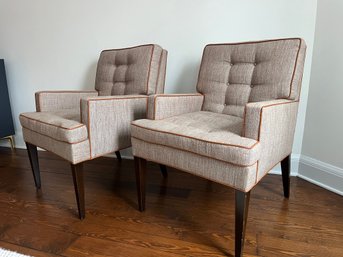 A Pair Of Edward Wormley For Dunbar - Arm Chairs - Herring Bone Wool Upholstery - Braided Leather Trim