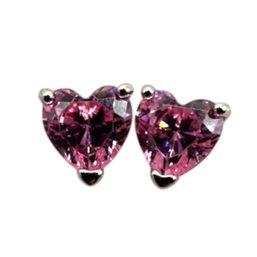 (B155) Sterling, Silver Faceted Pink Stone Heart Stud Earrings
