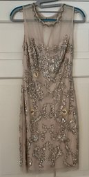 Aidan Mattox Nude Illusion Beaded Sequin Cocktail Dress Sheer Overlay ~ Size 2 ~