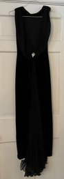 Vintage Black Velvet Evening Gown Rhinestone Brooch Draped Chiffon Accent Formal Dress