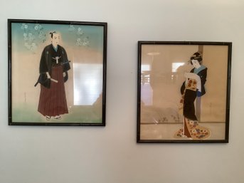 Antique Japanese Geisha Paintings On Silk Lot Of 2