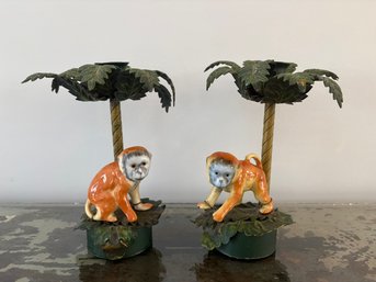 Hollywood Regency Style Monkey Palm Tree Candle Holders
