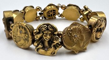 14K Gold & Diamond Chip  Art Nouveau Slide Bracelet With Miniature Portraits, Purchased For $1,618 In 1999