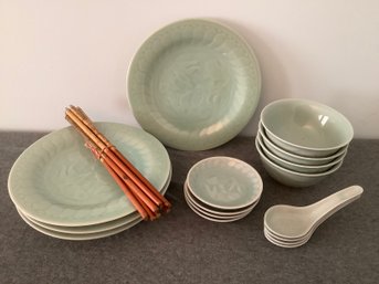 Vintage Celadon Koi Fish Serving Set