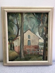 Framed Oil Painting On Board Of A House In The Woods