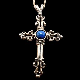 (B168) Sterling Silver Blue Lapis Cross Chain Link Necklace