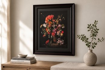 Large Framed Botanical Still Life Photograph With Dramatic Floral Bouquet, Butterfly & Insect Details