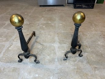 Vintage Brass & Iron Ball Top Fireplace Andirons