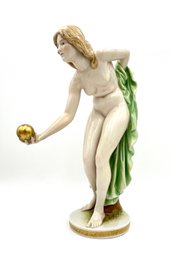 Art Nouveau Gorgeous Porcelain Nude Female Figurine Holding Gold Sphere Ball Im
