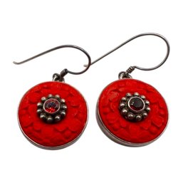 (B176) SAJEN Sterling Silver Carved Cinnabar And Garnet Stone Dangle Earrings