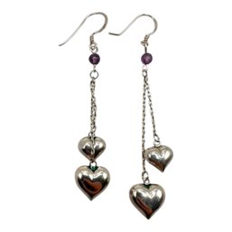 (B177) Sterling Silver Heart Dangle Earrings With Purple Bead Accents