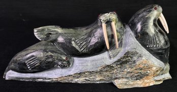 Vintage Carved Onyx Stone Marble Walrus Sculpture