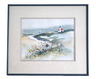Original 1987 Nobska Lighthouse Scene Watercolor By Arlene J. Johnson - Signed